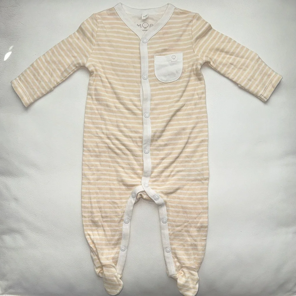 NEW MORI Baby Footie Beige Striped, 0-3 months
